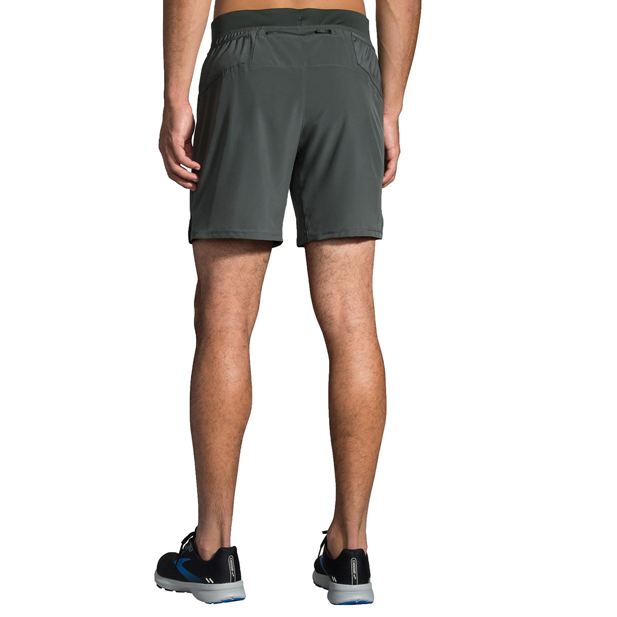 Brooks Sherpa 7-inch men's running shorts in dark gray, rear view on model