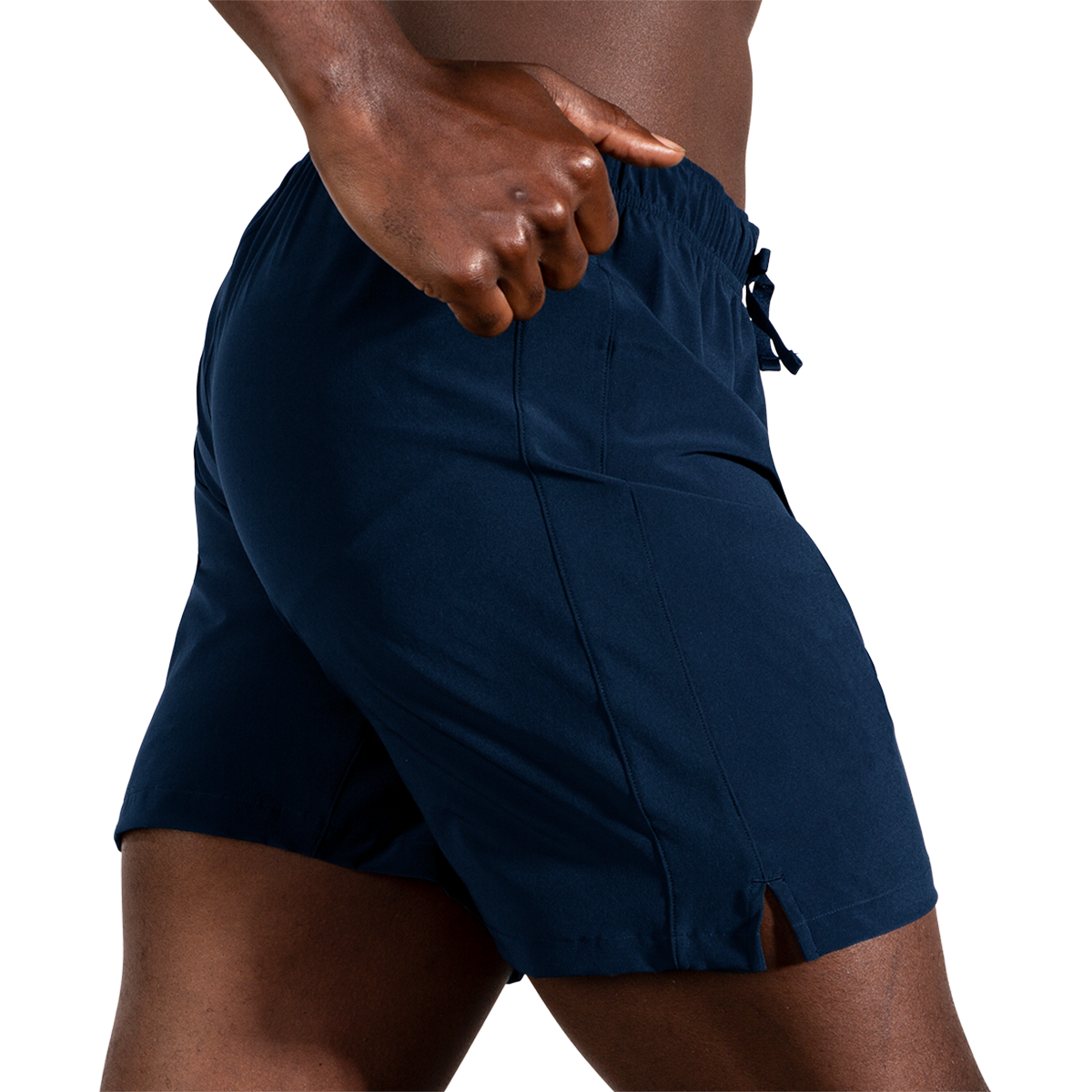 Man wearing Brooks Moment 7-inch running shorts in navy blue