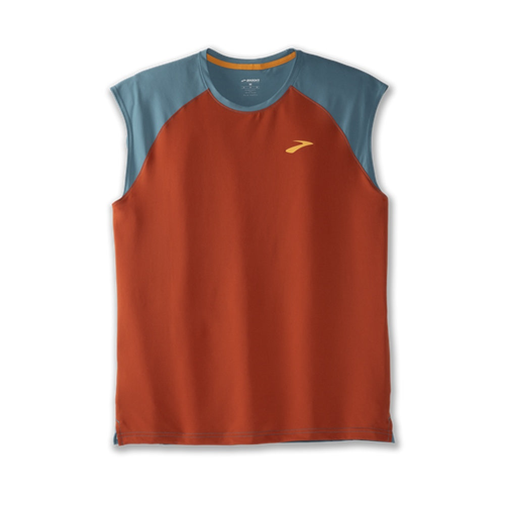 Brooks Atmosphere Sleeveless Men's 2.0 running shirt in Red Clay and Slate Blue