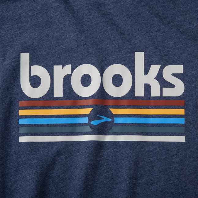 Brooks Distance Short Sleeve 2.0 in HTR Navy featuring multicolor track stripe graphic design