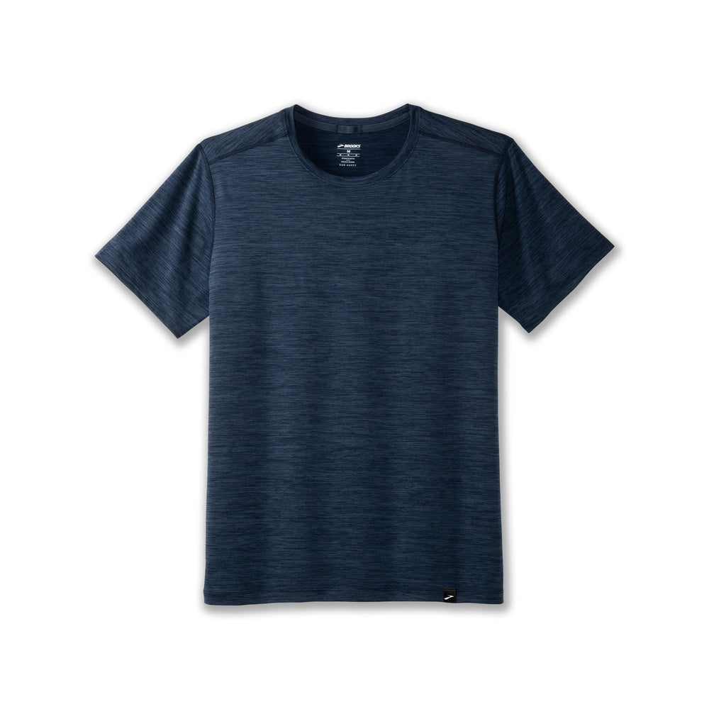 Brooks Luxe short sleeve running shirt in heathered blue slate color, crew neck