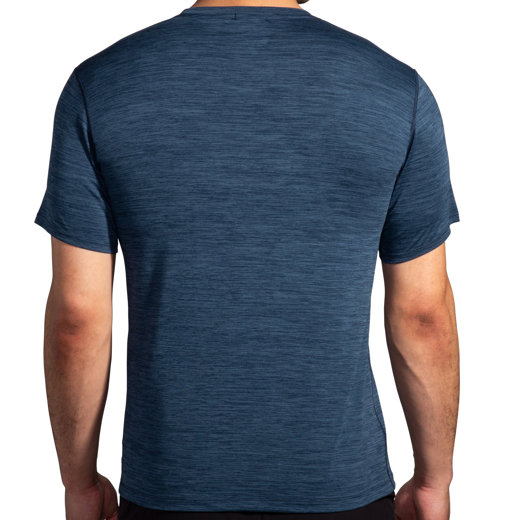 Brooks Luxe Short Sleeve shirt in heather blue slate shown from back on male model