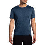 Brooks Luxe short sleeve running shirt in heathered blue slate on male model