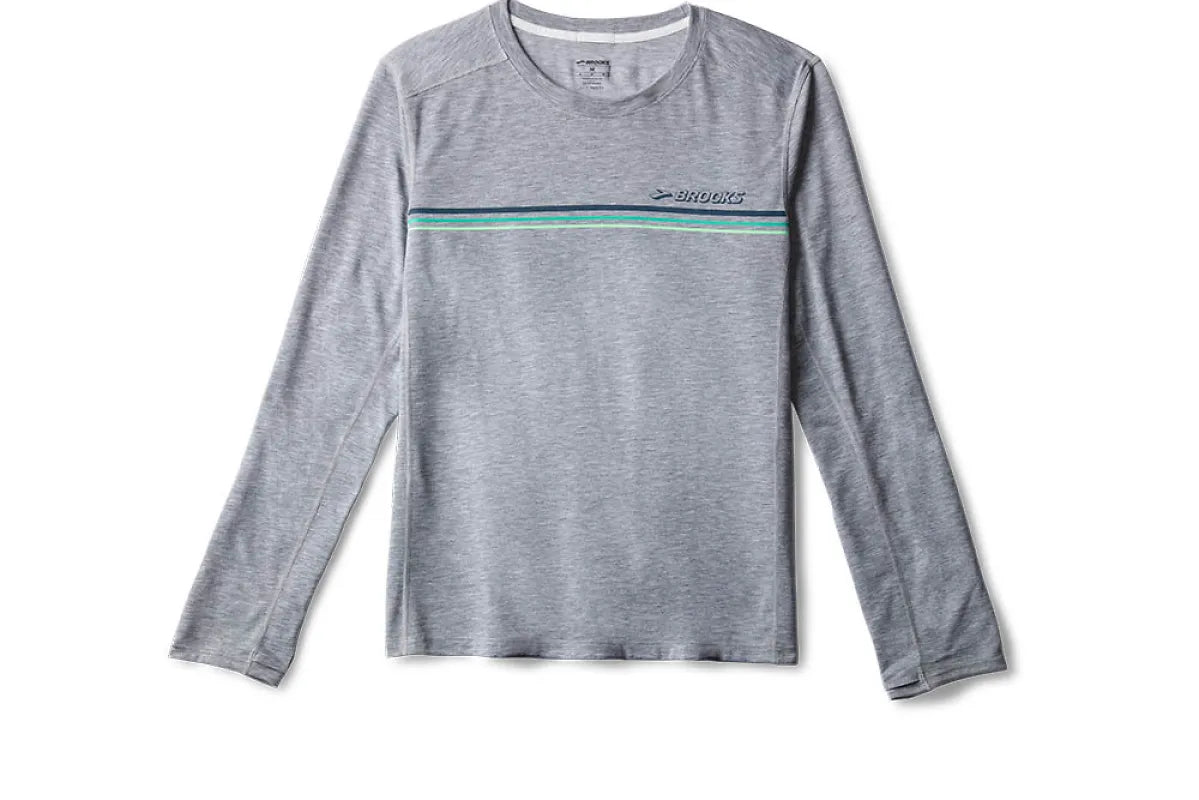 Brooks Distance Long Sleeve shirt in heather gray with teal and navy chest stripe