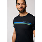Man wearing Brooks Distance Short Sleeve 3.0 black shirt with gradient stripe detail