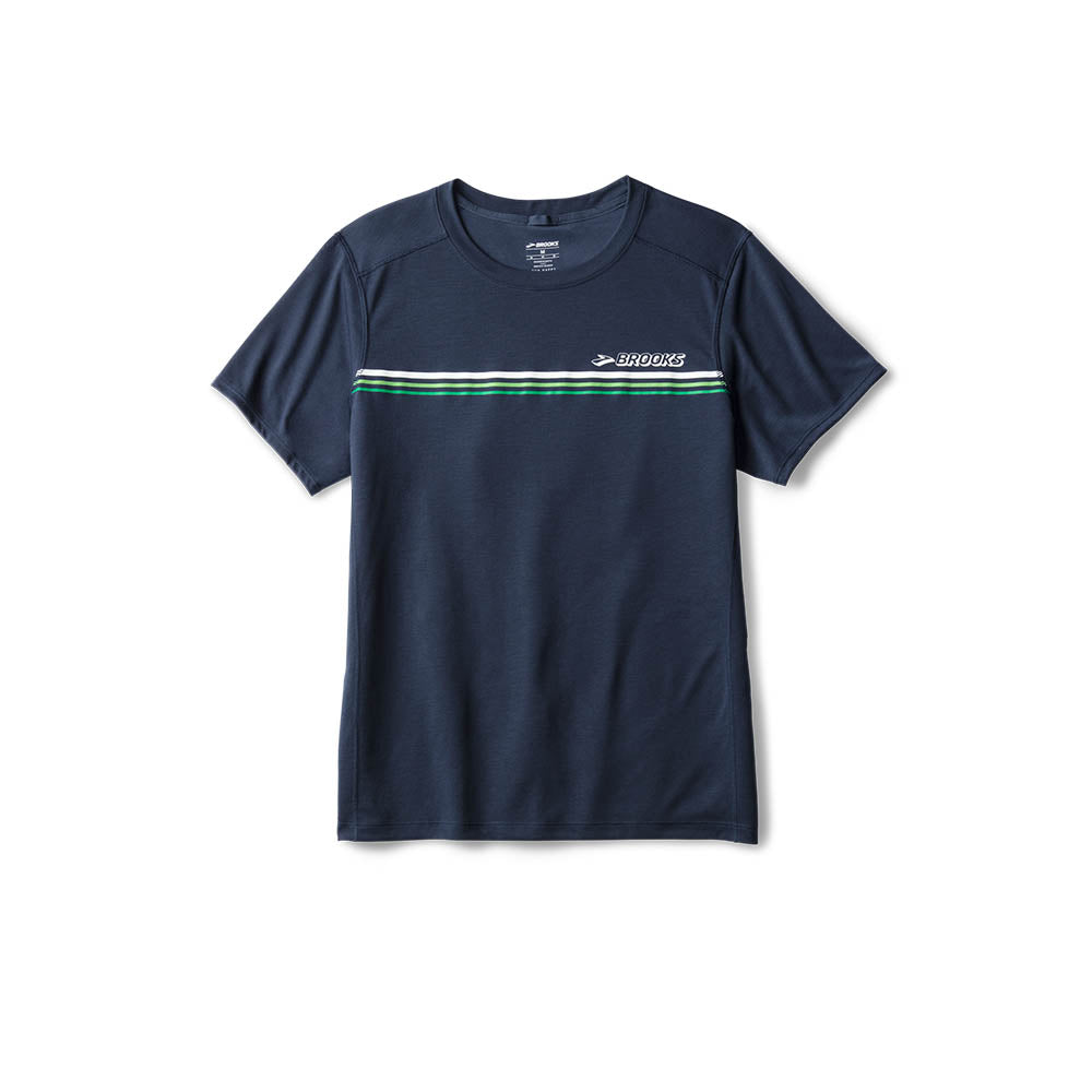 Brooks Distance Short Sleeve 3.0 men's navy running shirt with green and white chest stripes