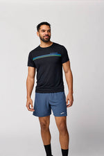 Man wearing Brooks Distance Short Sleeve 3.0 black shirt with gradient stripe design
