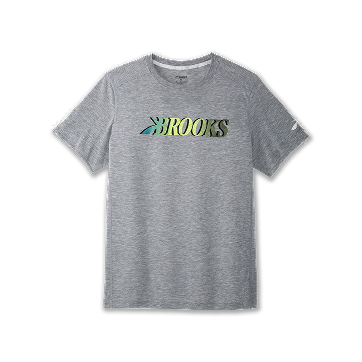 Brooks Distance Short Sleeve 3.0 men's gray t-shirt with iridescent Brooks logo on chest