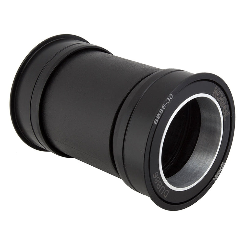 Kogel BB86 DUB bottom bracket in black with silver bearing races, angled view