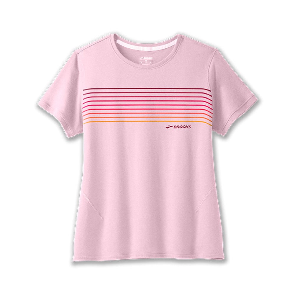 Brooks Distance women's short sleeve running shirt in quartz pink with colorful stripes