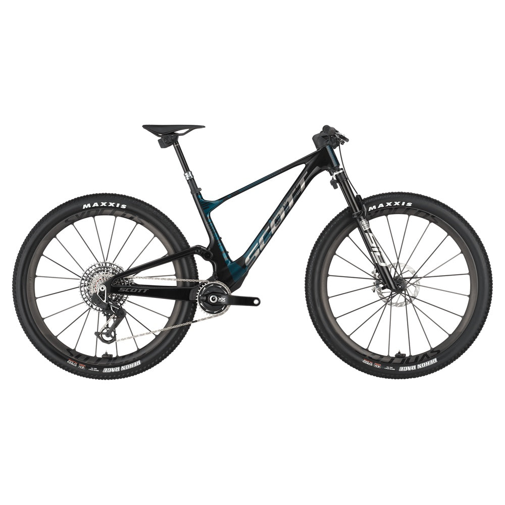 Scott Spark RC SL full-suspension mountain bike in black and teal carbon finish