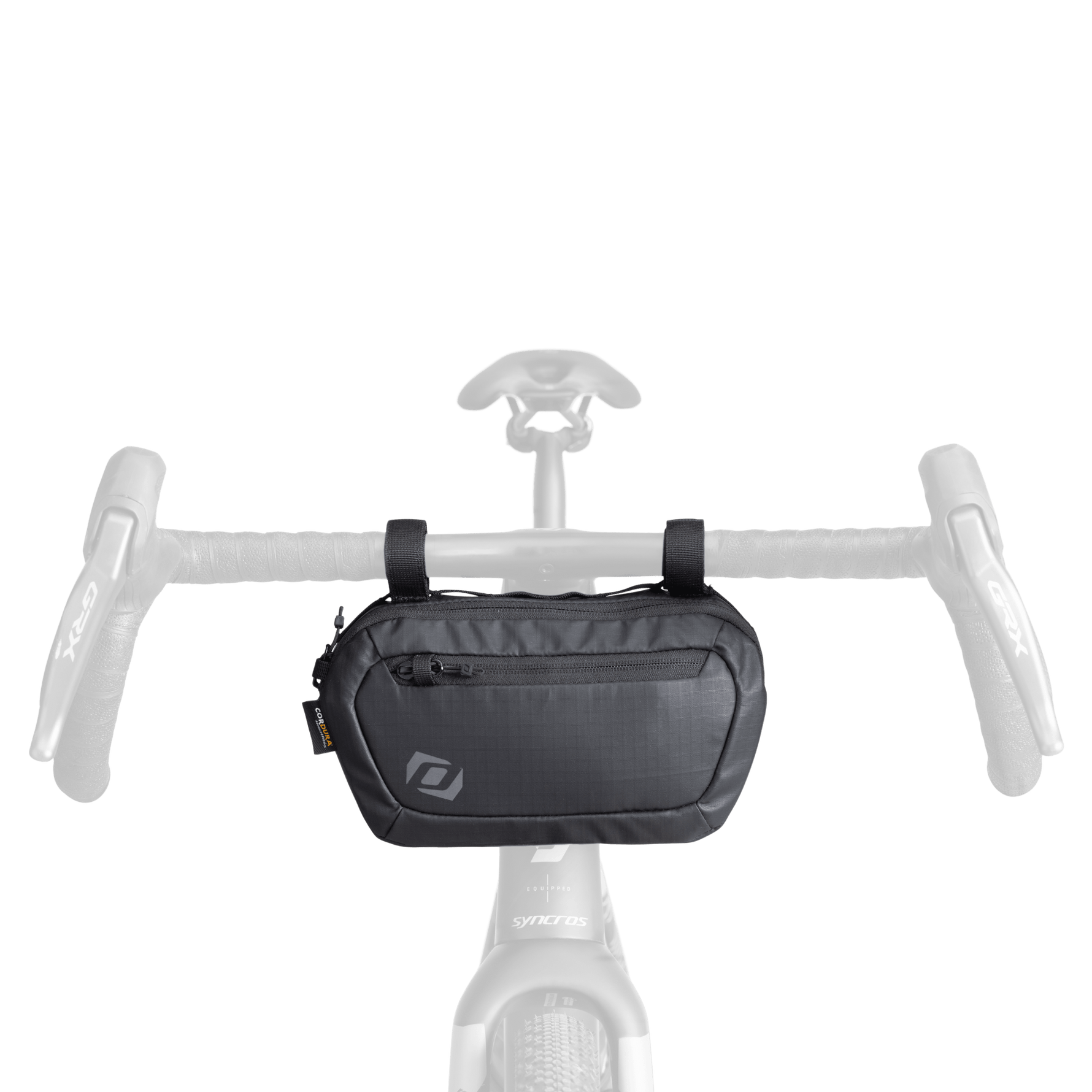 Black Syncros handlebar bag mounted on bicycle handlebars with velcro straps