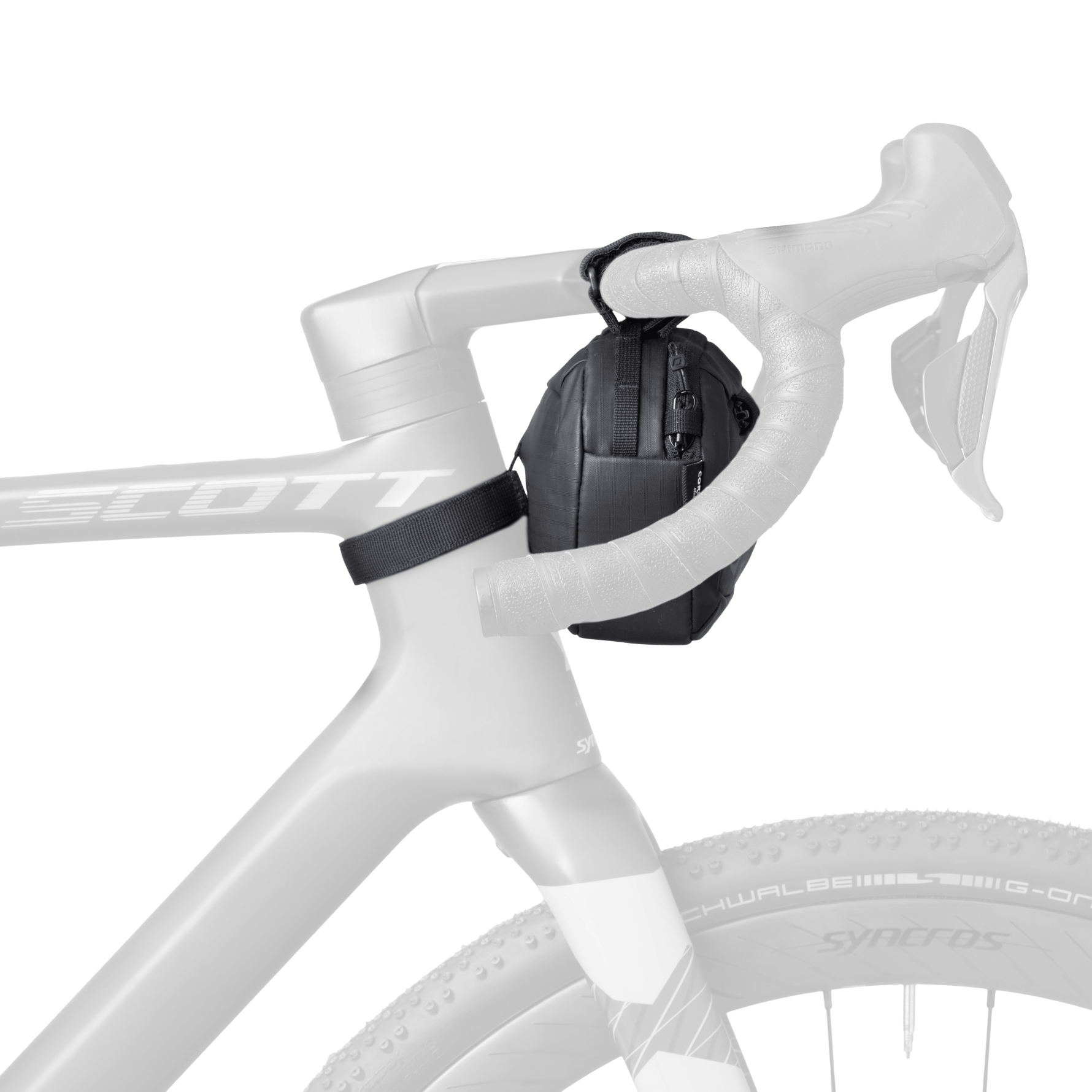 Black Syncros handlebar bag mounted on white bicycle handlebars against white background