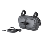Gray Syncros handlebar bag with straps and buckles on white background