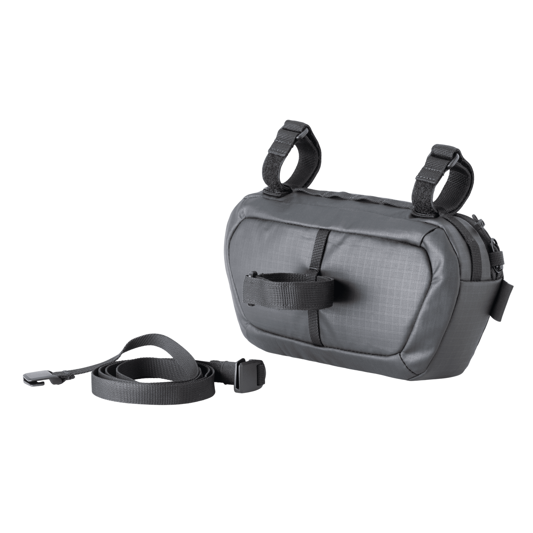 Gray Syncros handlebar bag with straps and buckles on white background