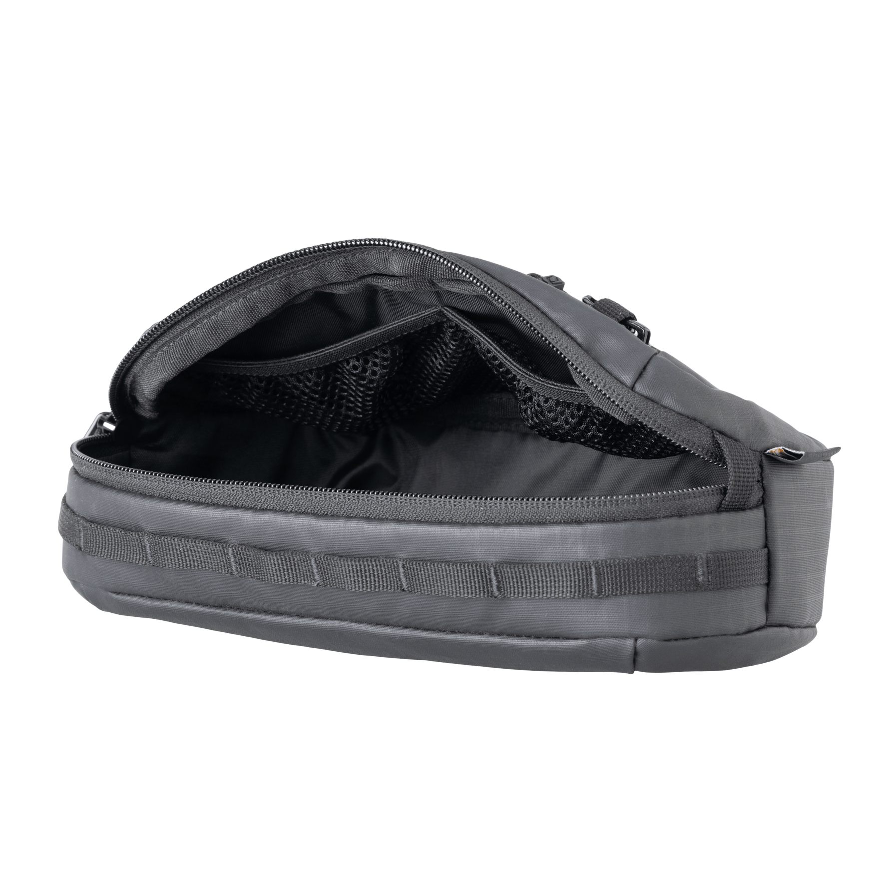Syncros handlebar bag in black with open compartment showing interior mesh storage