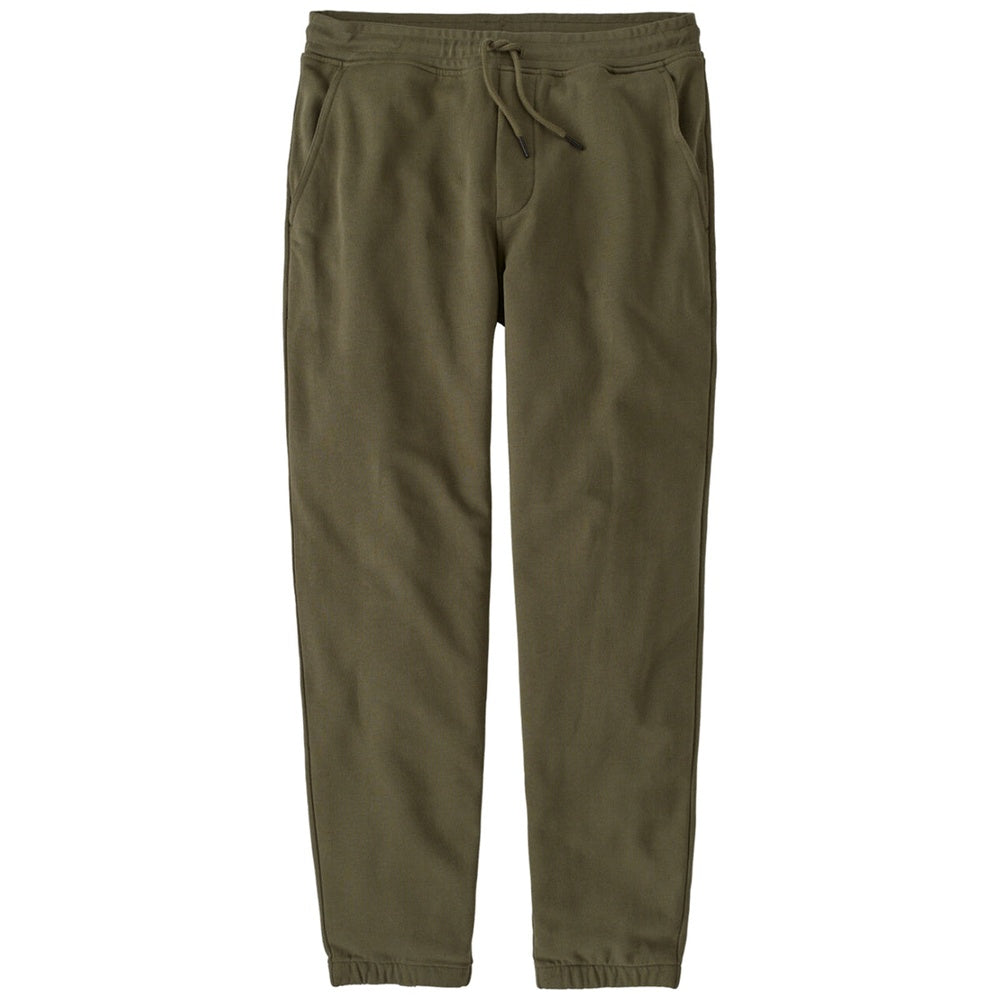 Patagonia men's olive green sweatpants with drawstring waist and cuffed ankles