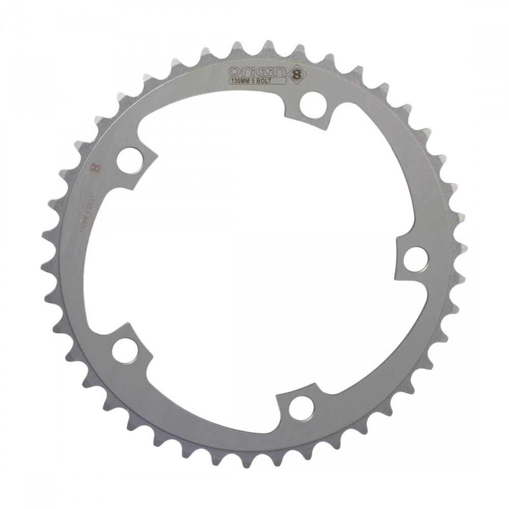 Origin8 silver aluminum chainring with 5-bolt pattern and teeth around circumference