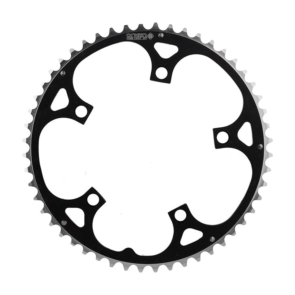 Origin8 130mm 52T ramped chainring in black and silver on white background