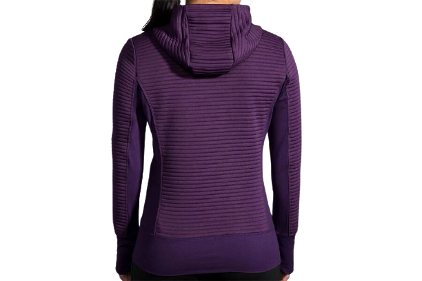 Brooks Fly-By Hoodie in berry purple shown from back on model