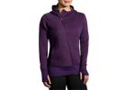Woman wearing purple Brooks Fly-By Hoodie with textured stripe pattern and hood