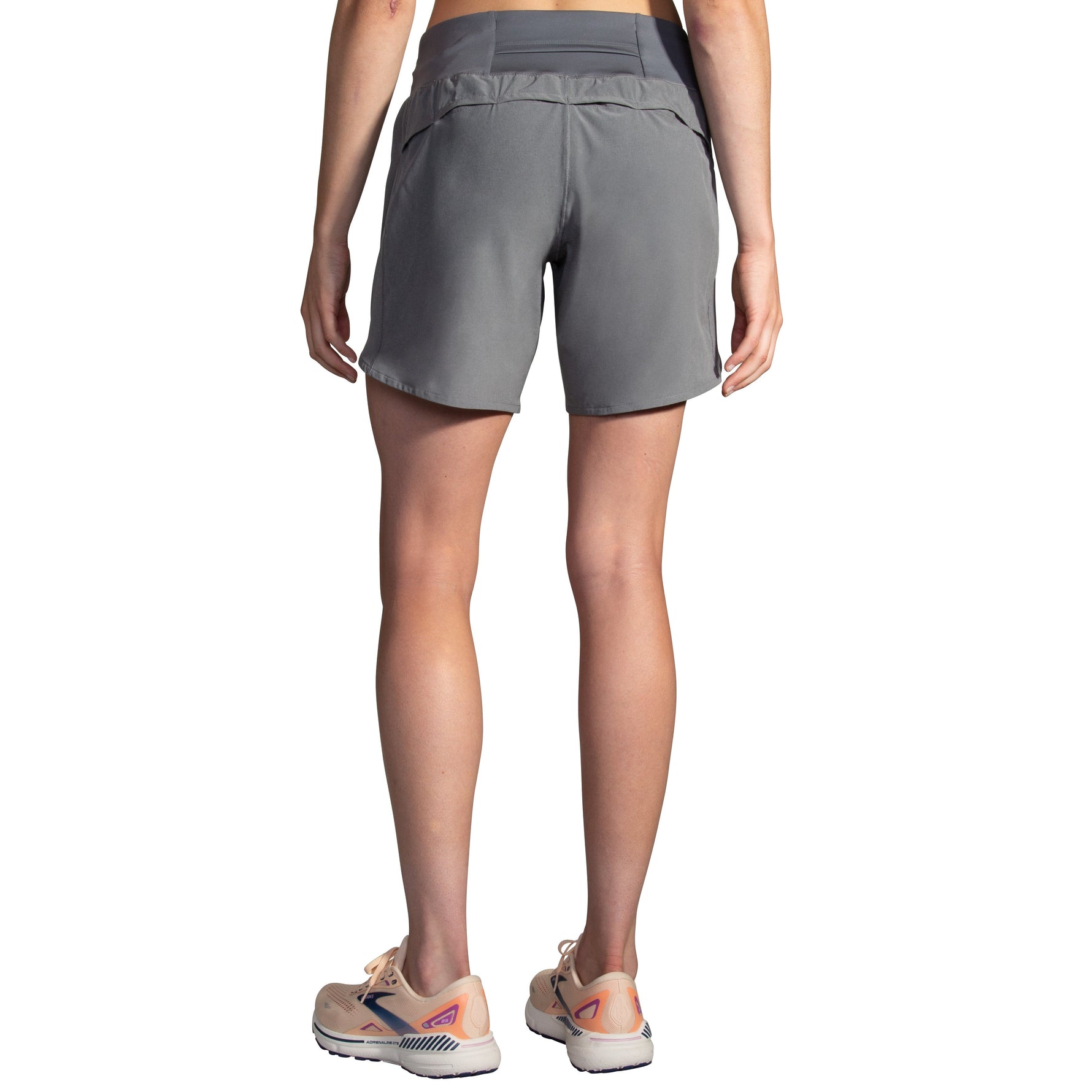 Women's Brooks Chaser 7-inch running shorts in heather charcoal gray, rear view