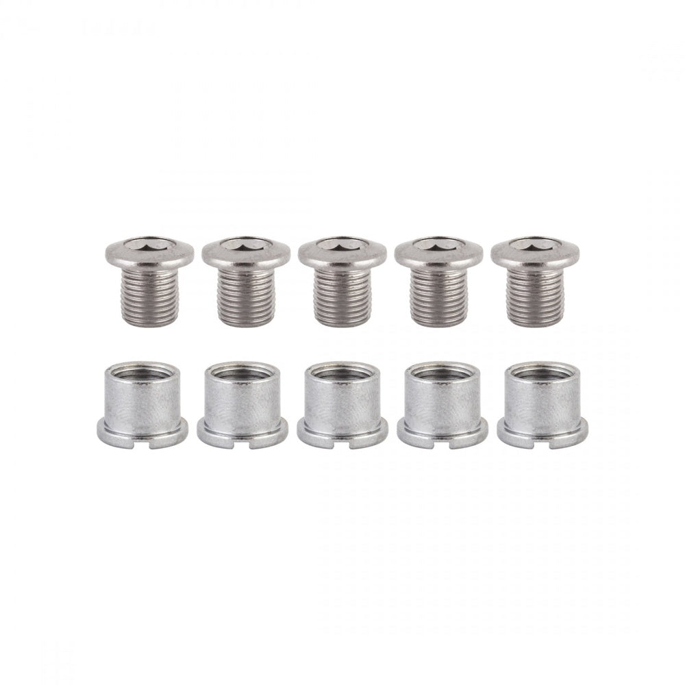 Origin8 double chainring bolt set with five bolts and five barrel nuts in chrome plated steel