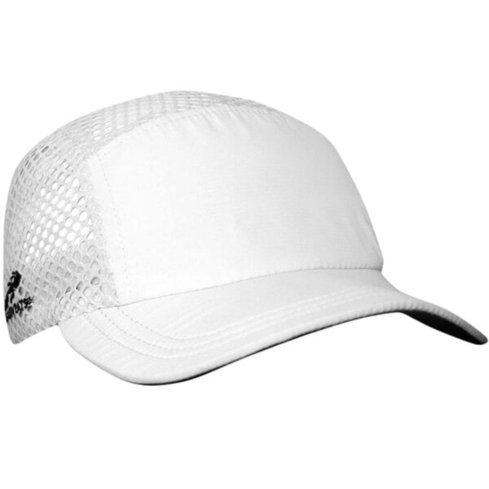 White Headsweats running cap with mesh side panels and curved brim