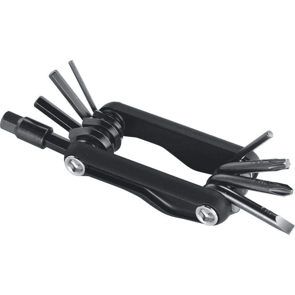 Syncros black multi-tool with folding hex keys and tools extended on white background