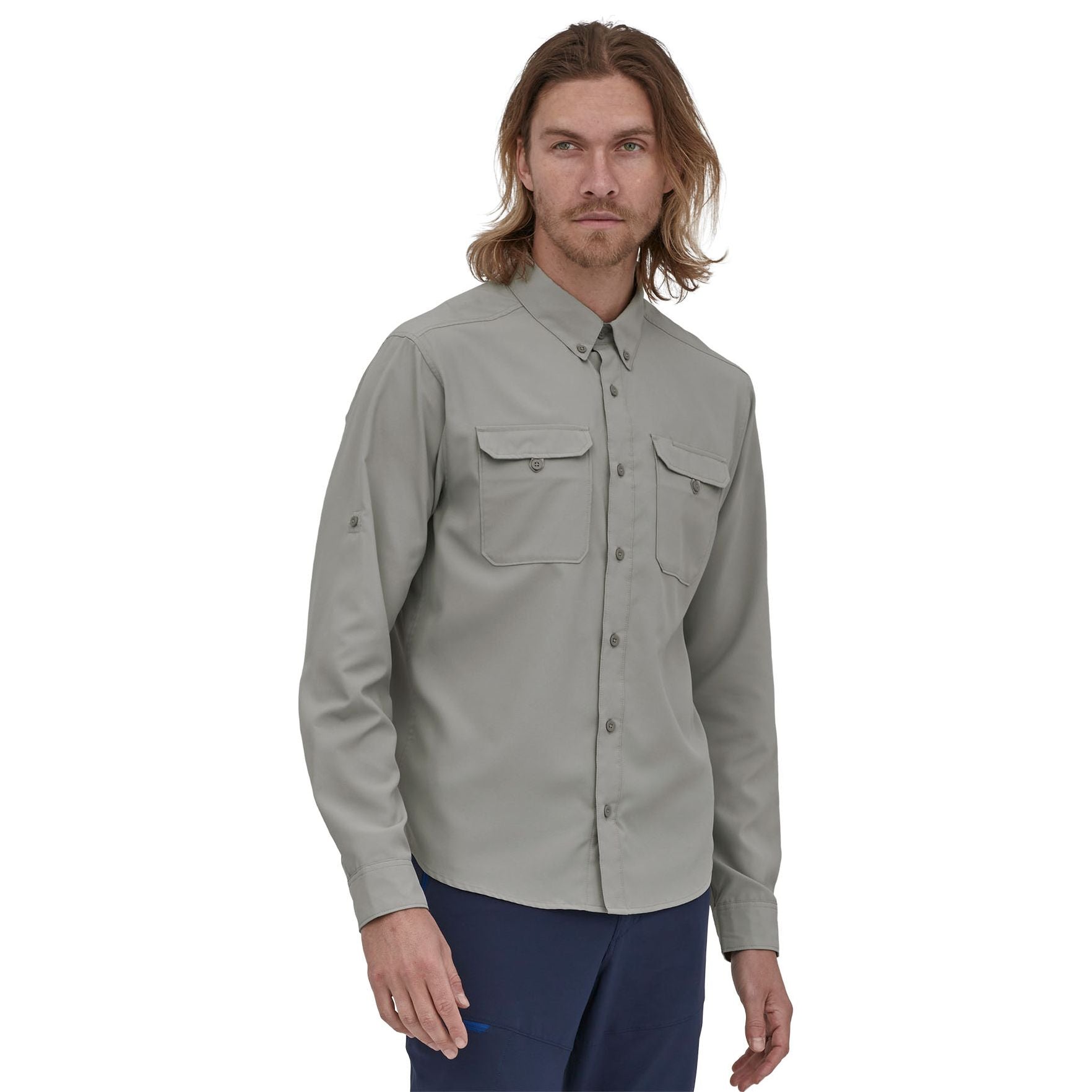Man wearing Patagonia Men's Self Guided Hike Long Sleeve Shirt in Salt Grey