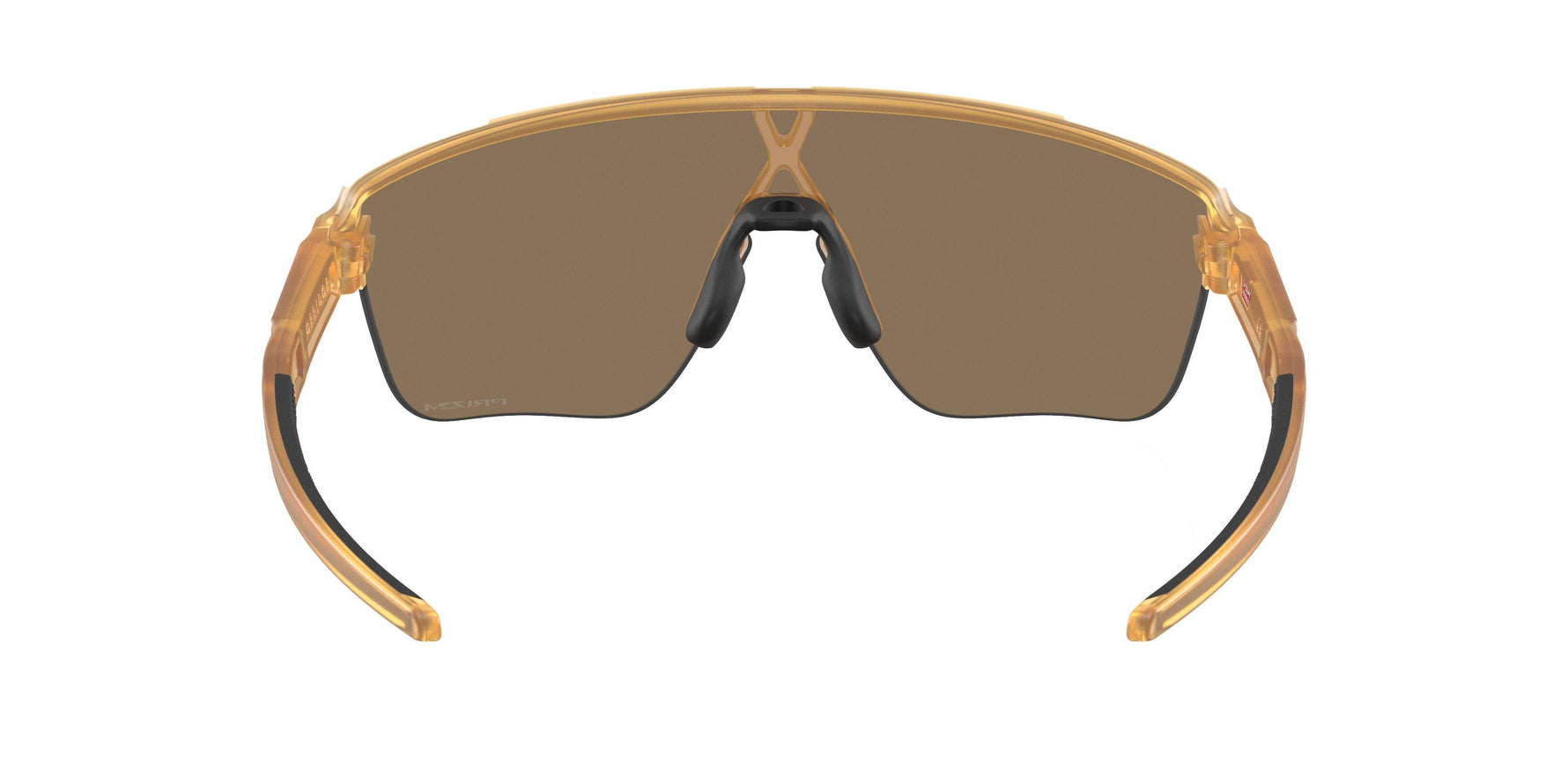 Oakley Corridor sunglasses with amber frame and bronze Prizm lenses on white background