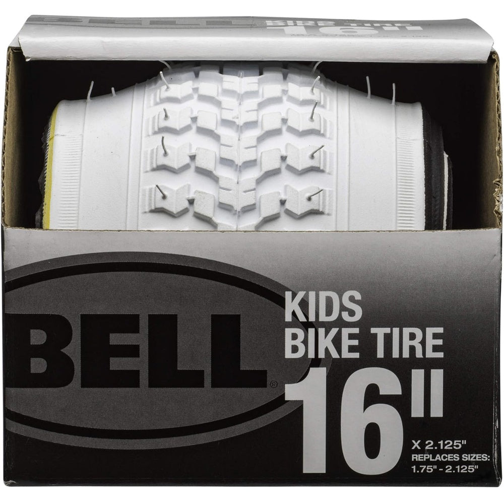 Bell 16 inch white kids bike tire with knobby tread pattern in packaging