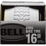 Bell 16 inch white kids bike tire with knobby tread pattern in packaging