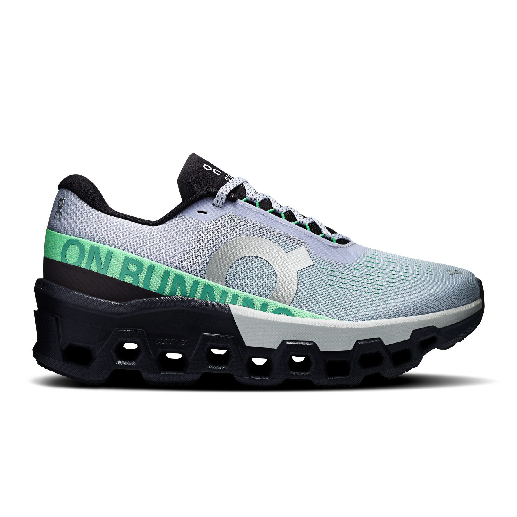 On Cloudmonster 2 women's running shoe in Nimbus Arctic with green accent and black sole