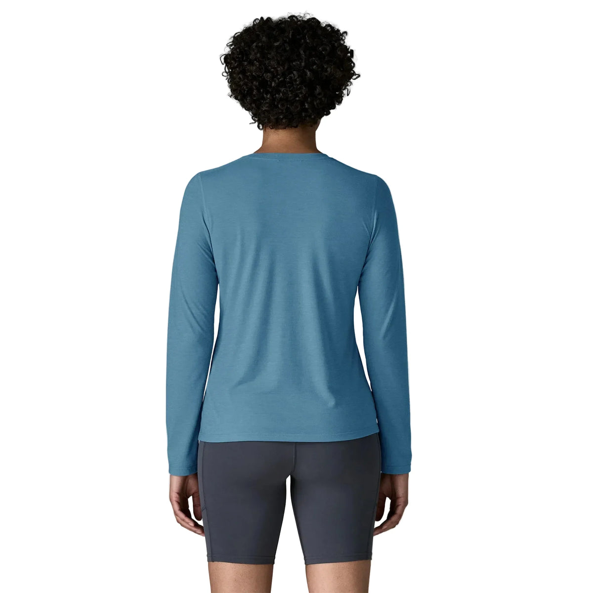 Patagonia Long-Sleeved Capilene Cool Trail Shirt in Shore Blue, back view on model