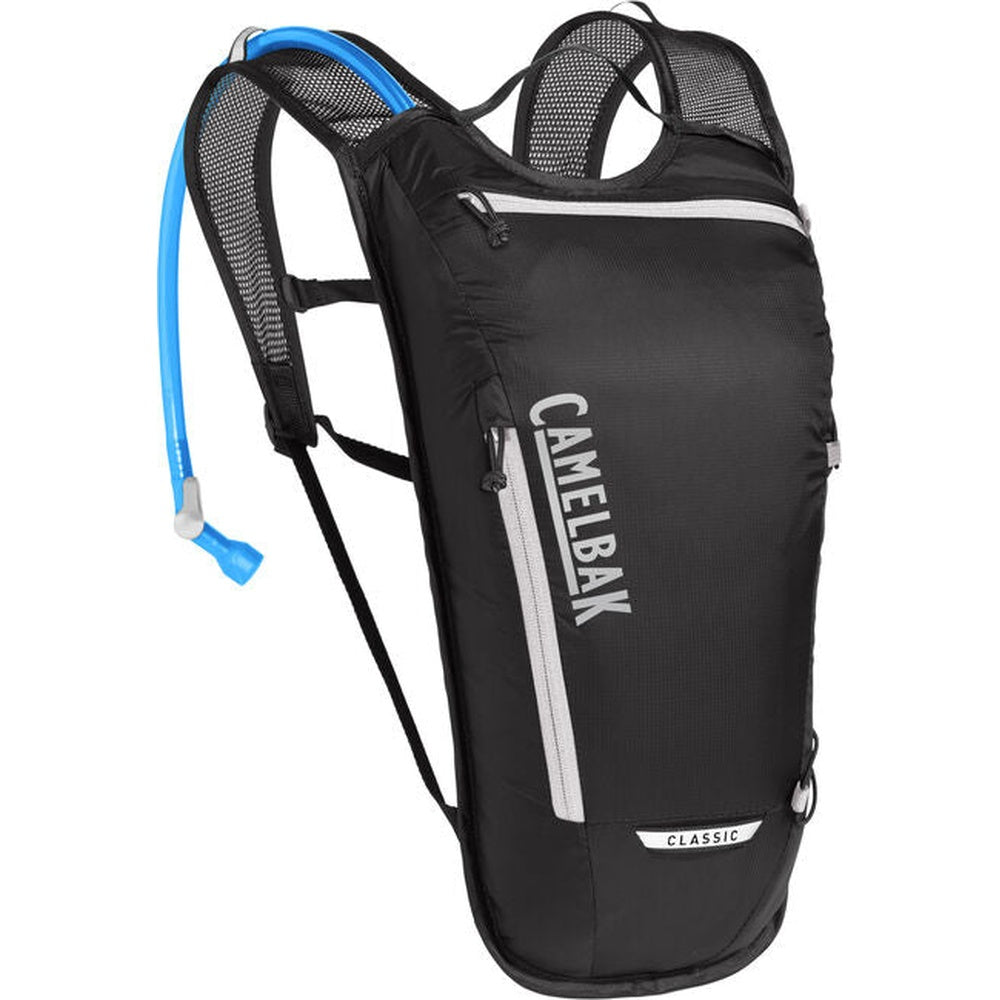 CamelBak Classic black hydration pack with blue drinking tube and mesh shoulder straps