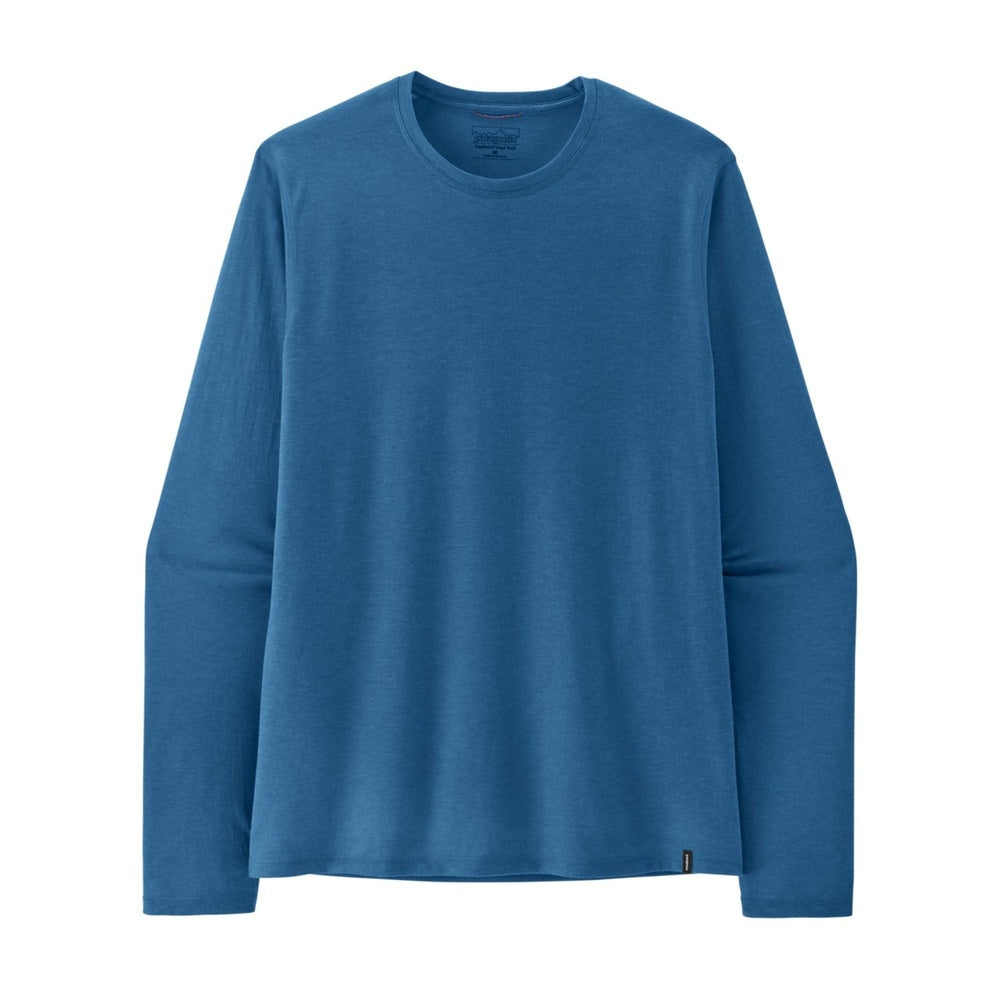 Patagonia Long-Sleeved Capilene Cool Trail Shirt in Aquatic Blue, flat lay view