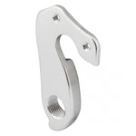 Silver aluminum bicycle derailleur hanger with mounting holes and threaded connection