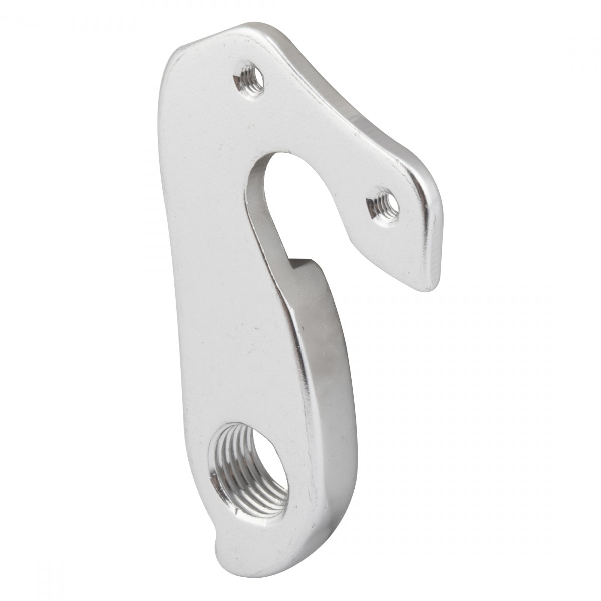 Silver aluminum bicycle derailleur hanger with mounting holes and threaded connection