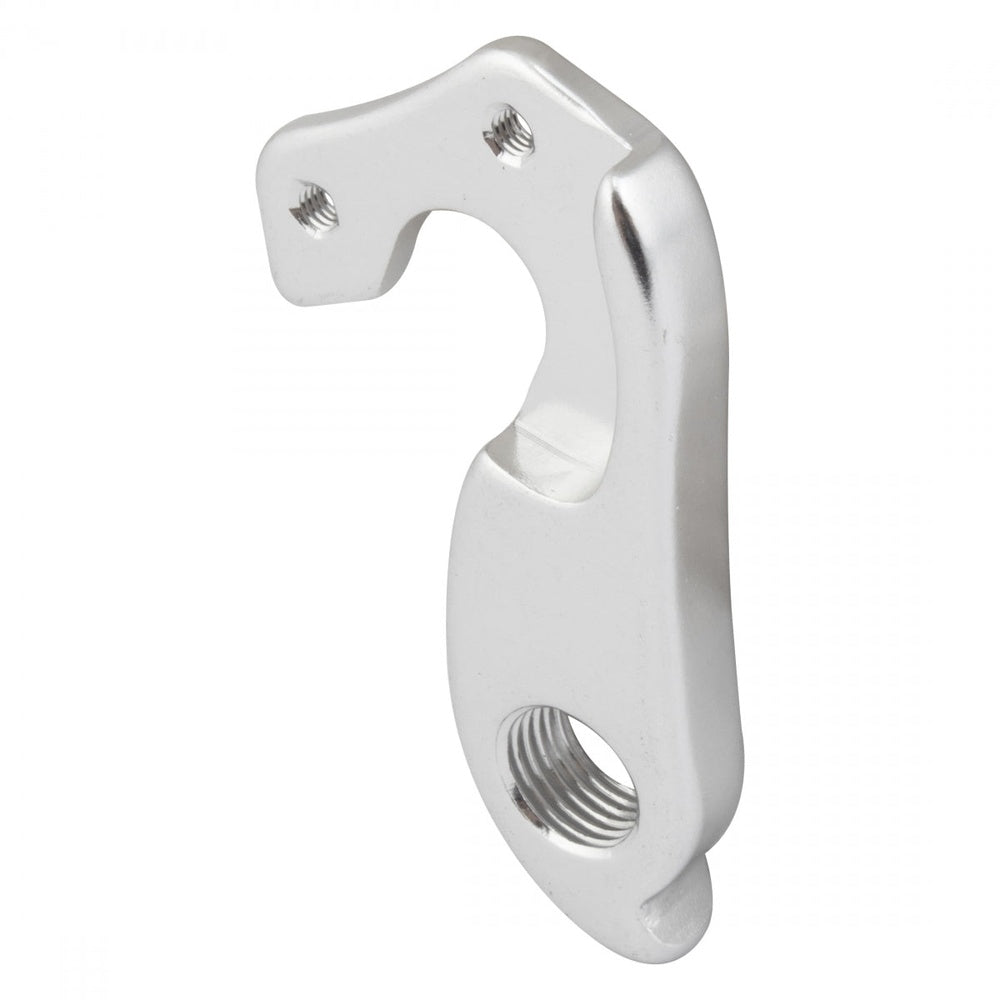 Silver aluminum bicycle derailleur hanger with threaded holes on white background
