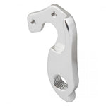 Silver aluminum bicycle derailleur hanger with threaded holes on white background