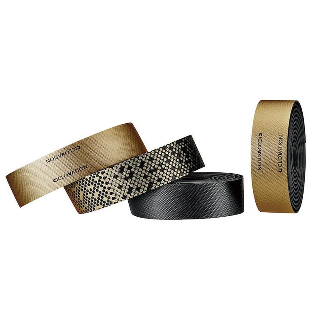 Ciclovation handlebar tape collection showing gold, patterned black, and carbon fiber options