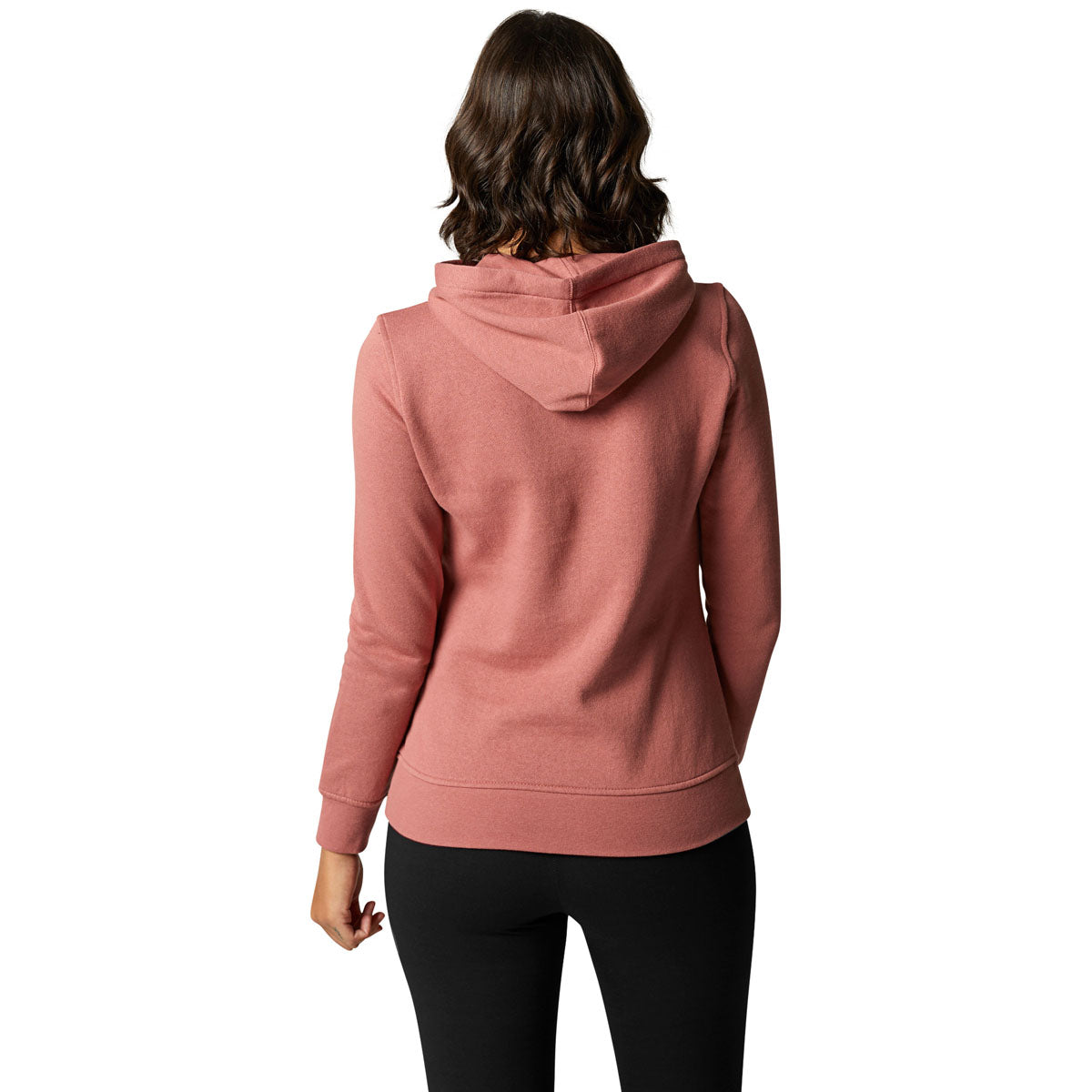 Woman wearing Fox Racing rose pink pullover fleece hoodie, back view studio shot