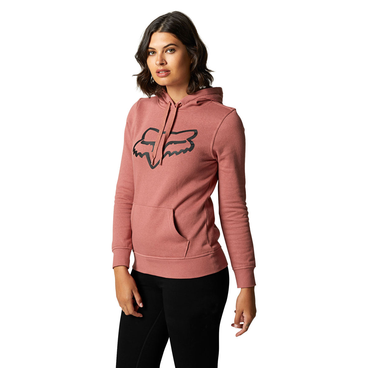 Woman wearing Fox Racing cranberry pullover fleece hoodie with fox logo