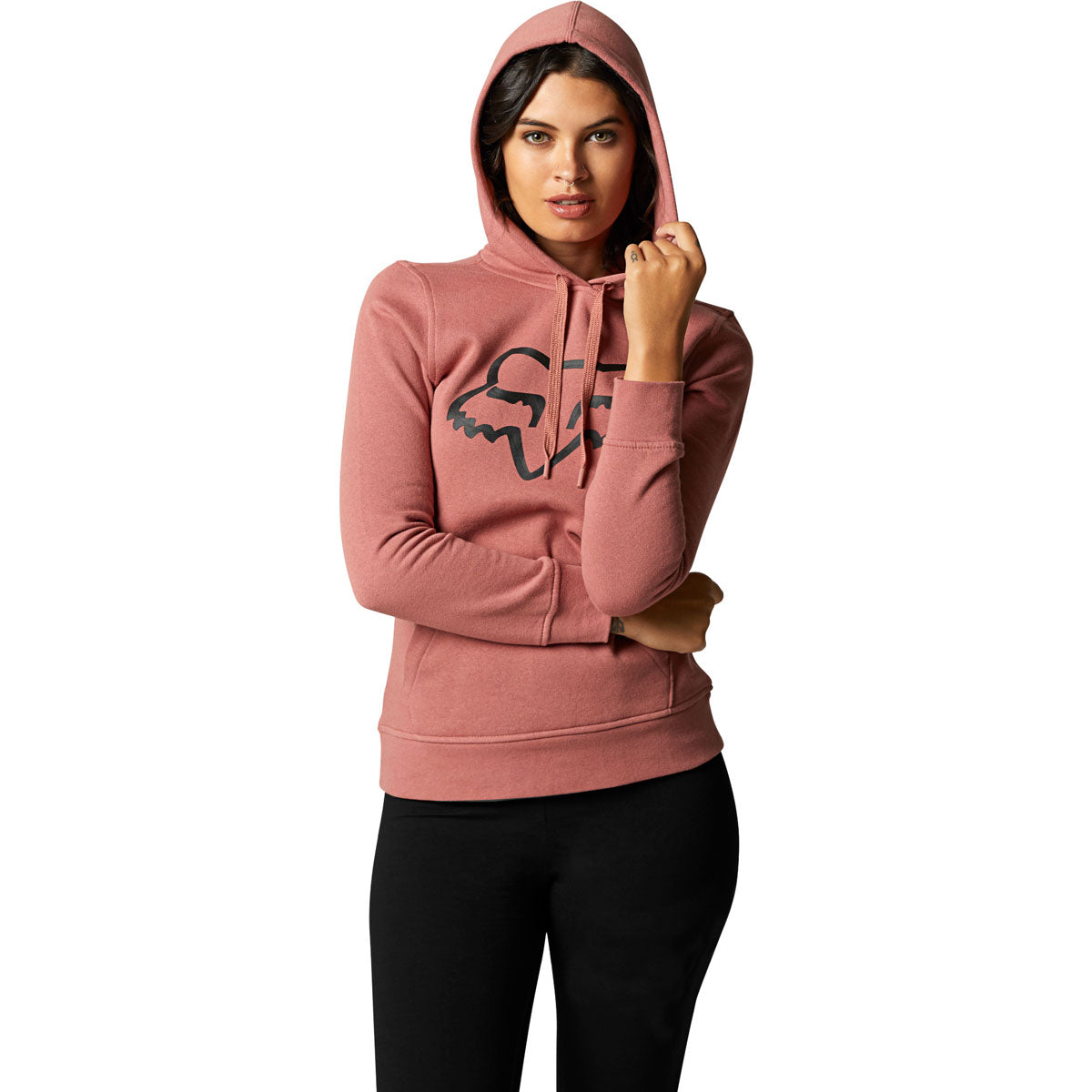 Woman wearing Fox Racing rose pink pullover fleece hoodie with fox logo