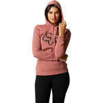 Woman wearing Fox Racing pink pullover fleece hoodie with logo on white background
