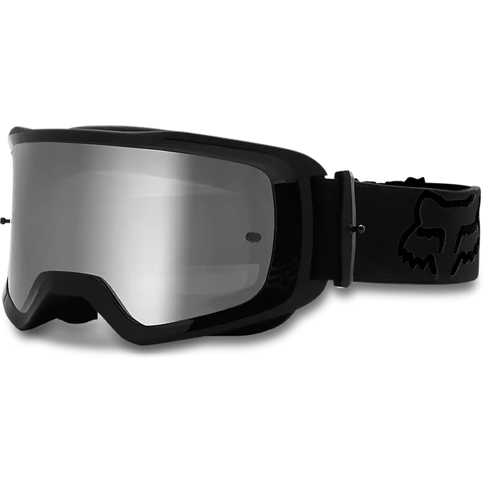 Fox Main Stray Goggle in black with mirrored silver lens, front three-quarter view