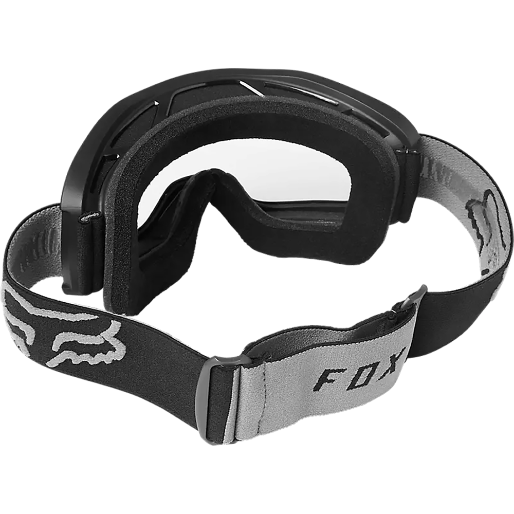 Fox Main Stray Goggle in black showing rear interior foam padding and gray strap