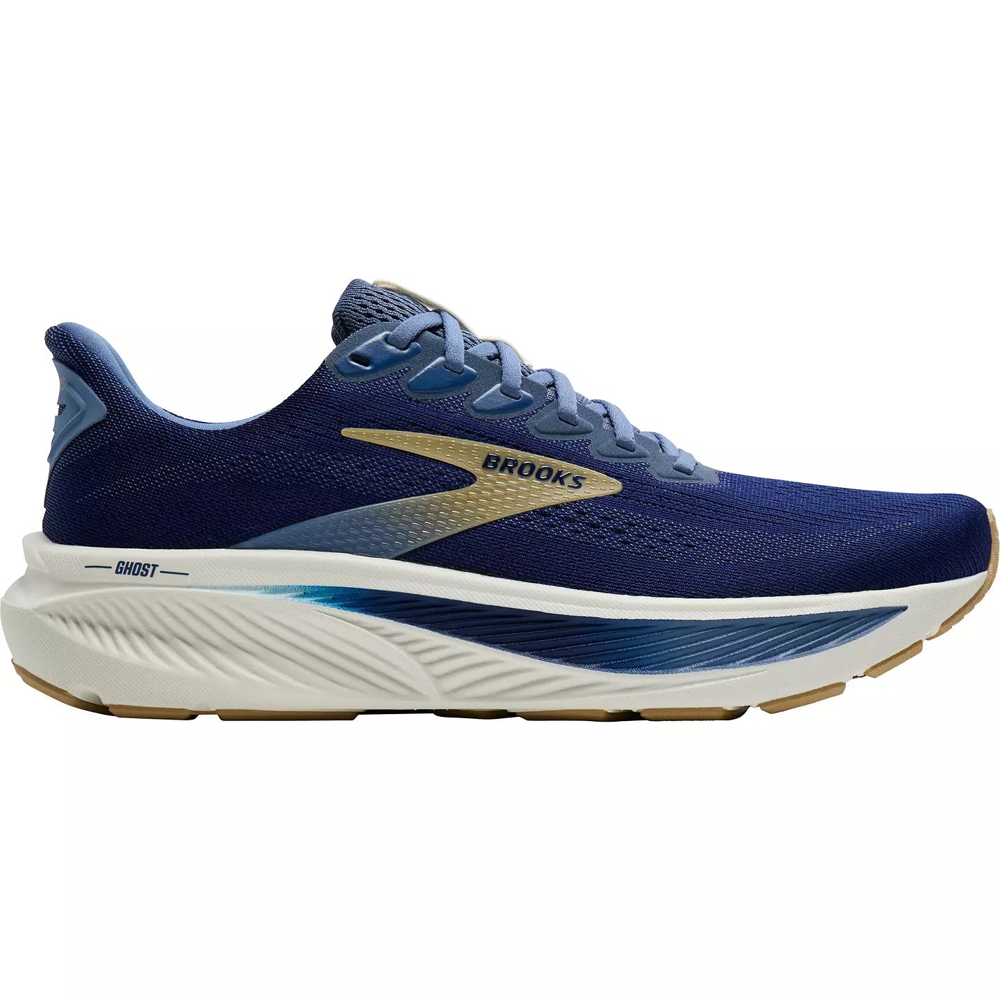 Brooks Ghost 17 men's running shoe in Beacon Blue, Moonlight, and Starfish colorway, lateral view