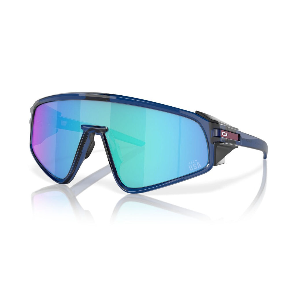 Oakley Latch Panel sunglasses with matte transparent navy frame and blue-green prizm lenses